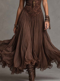 Vestido Largo Marrón con paneles de encaje y gasa