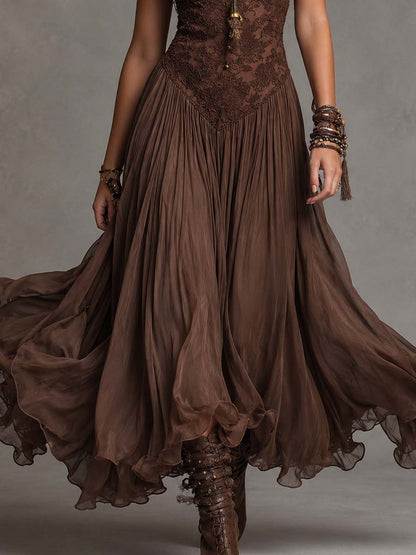 Vestido Largo Marrón con paneles de encaje y gasa