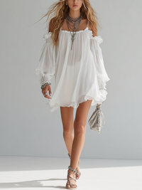 Minivestido Boho Blanco con caída fluida - Blanco