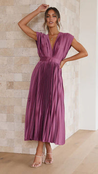 Vestido Midi Elegante con satén, plisado, escote en V y caída fluida - Gris