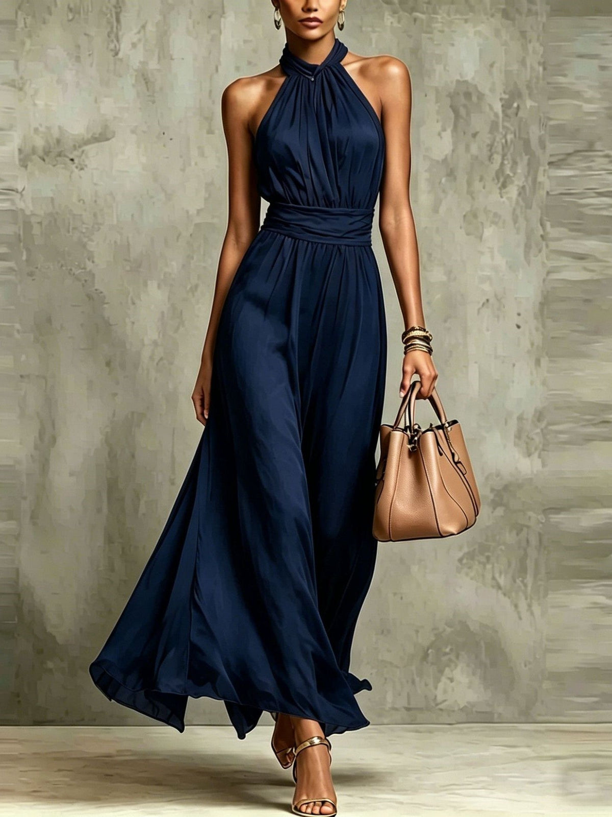 Vestido Largo con gasa, escote halter y liso - Verde