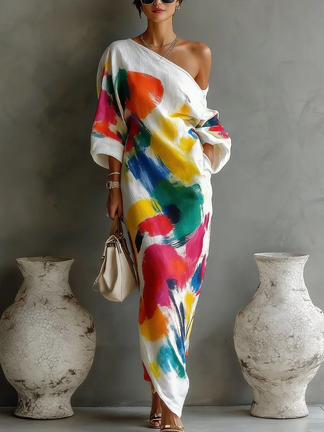 Vestido Largo con un solo hombro, estampado abstracto y estampado - Como en la foto