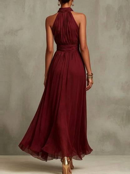Vestido Largo con gasa, escote halter y liso - Rojo Vino