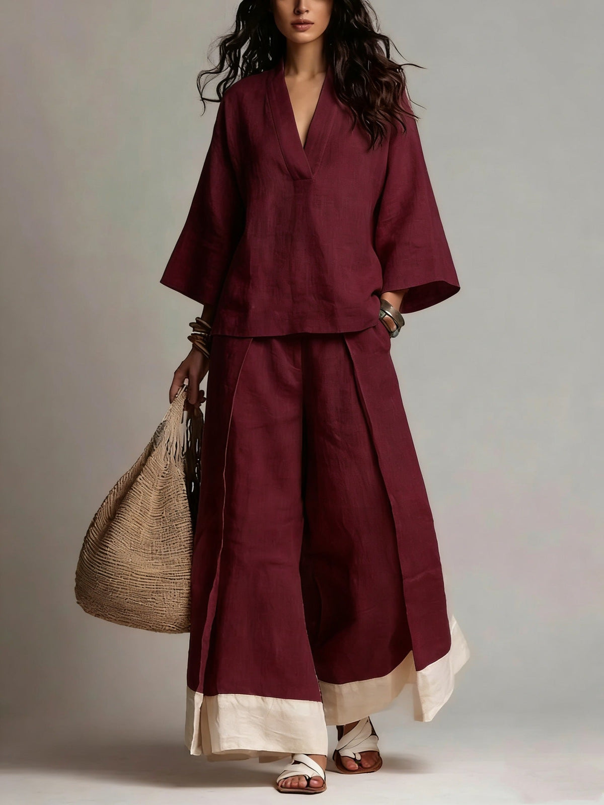 Conjunto con escote en V, color block y pierna ancha - Rosa