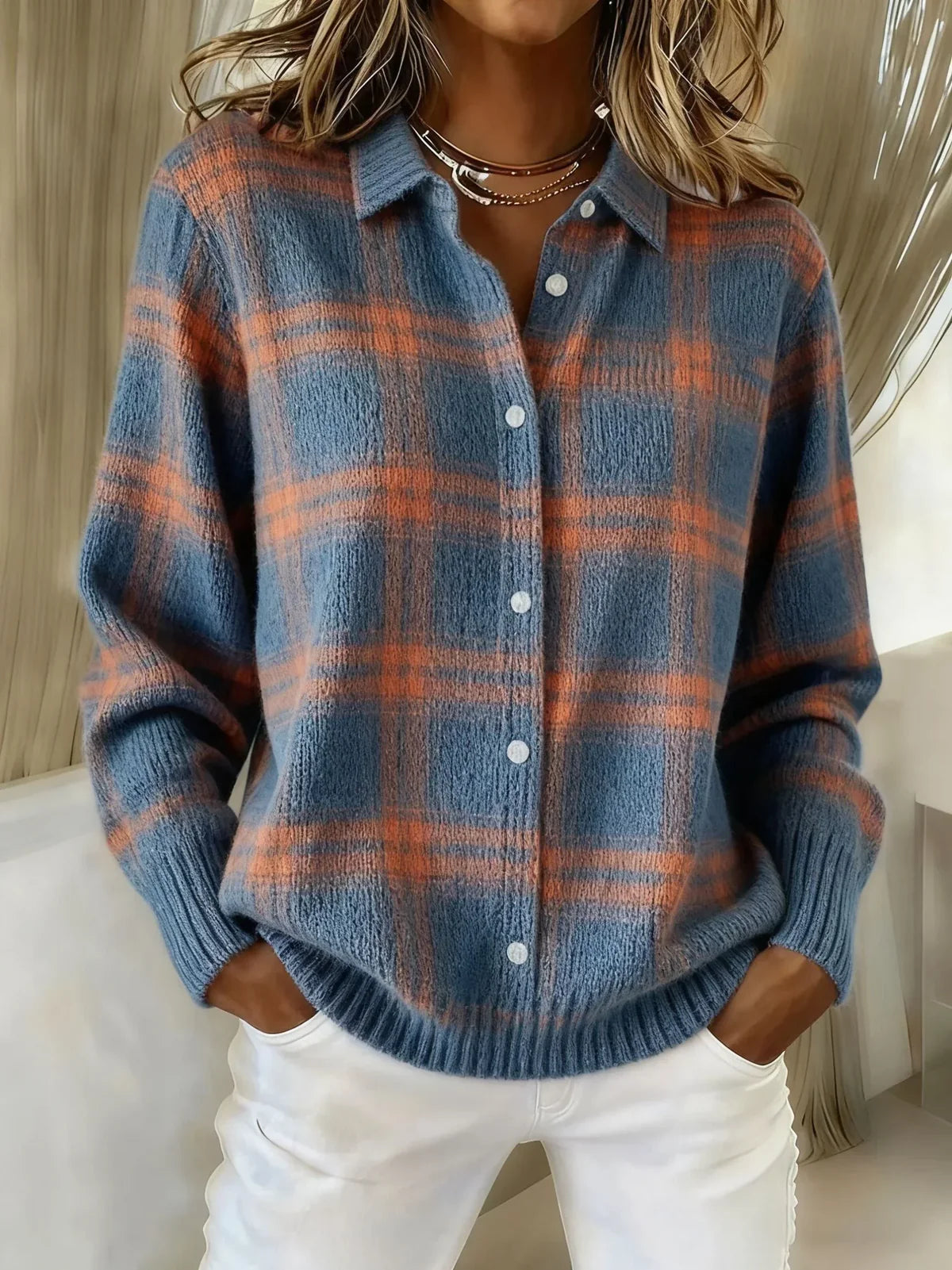 CAMILLE - Chaqueta de Punto de Cuadros - Naranja