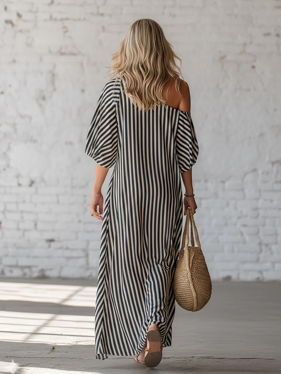 Vestido Largo Elegante con a rayas y hombros descubiertos - Negro