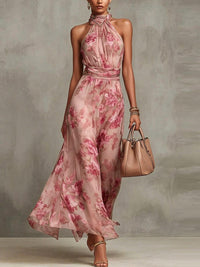 Vestido Estampado con gasa, escote halter y floral - Morado Claro