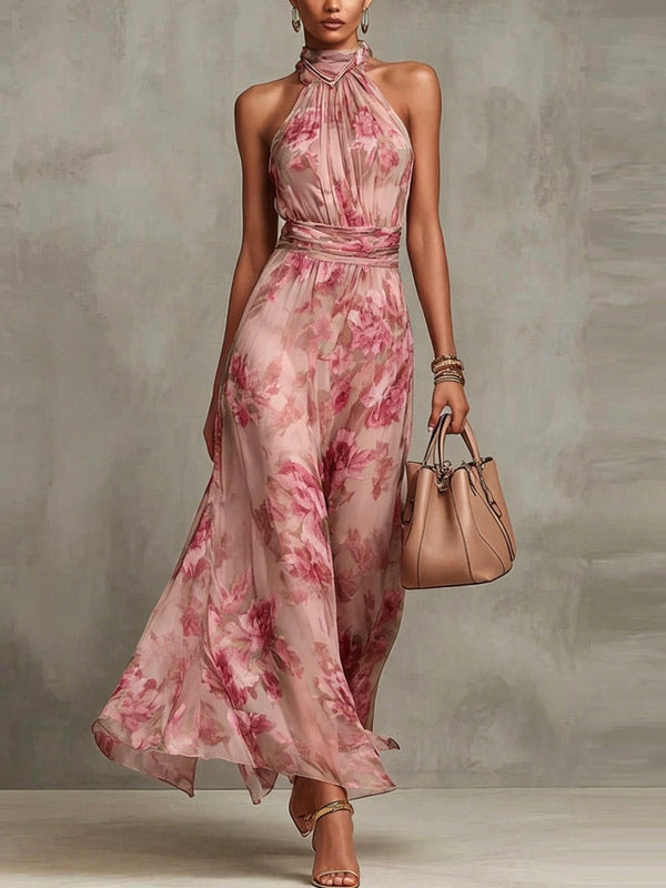 Vestido Estampado con gasa, escote halter y floral - Morado Claro