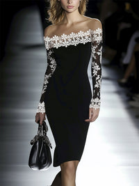 Vestido Midi Negro Manga Larga con encaje, ceñido y floral - Negro