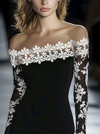 Vestido Midi Negro Manga Larga con encaje, ceñido y floral - Negro