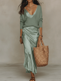 Conjunto de Falda Elegante con punto y satén - Verde Claro