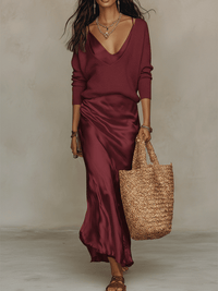 Conjunto de Falda Elegante con punto y satén - Verde Claro