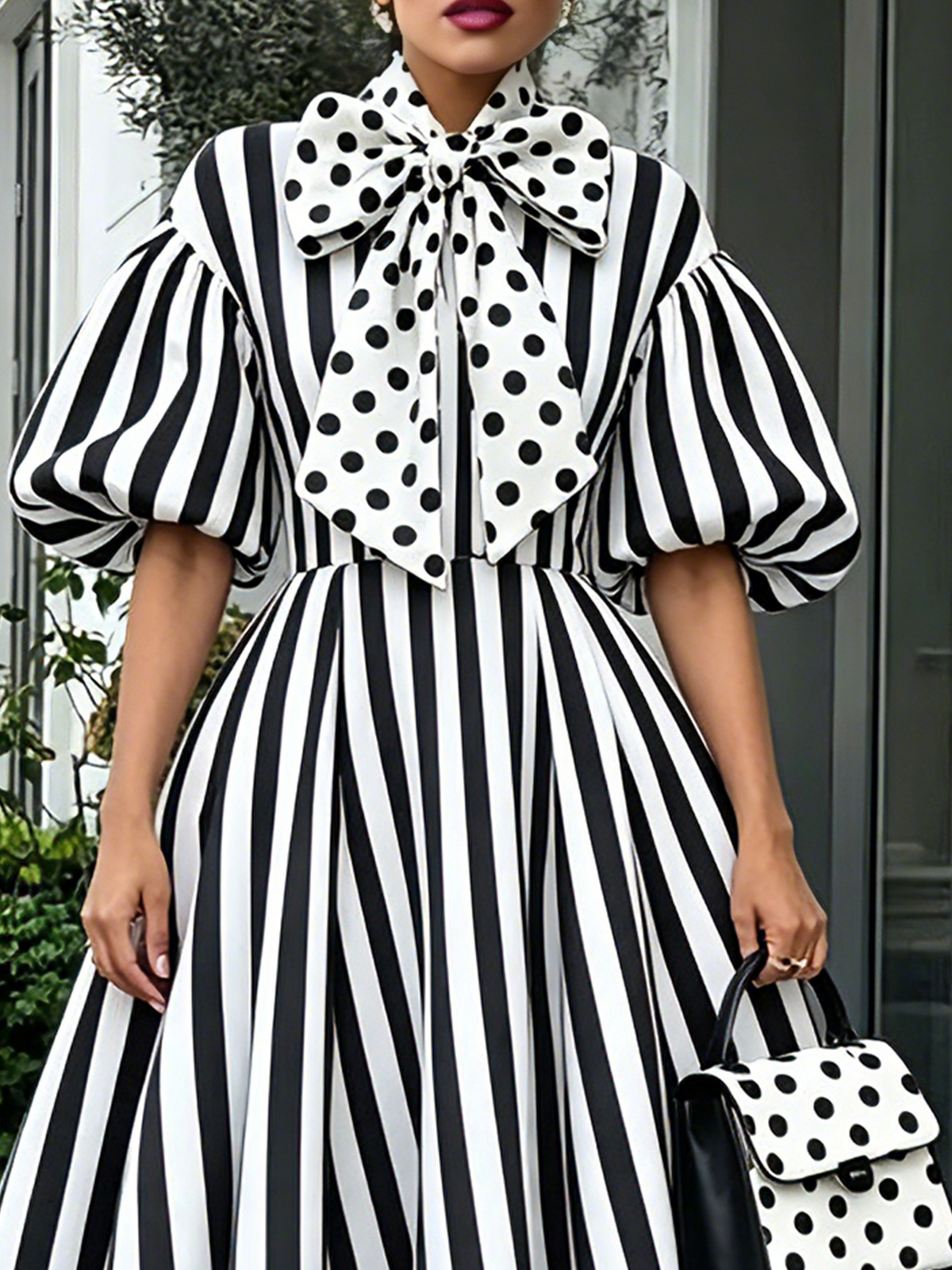 Vestido Midi Blanco con a rayas, lunares y lazo - Blanco