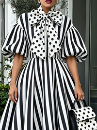 Vestido Midi Blanco con a rayas, lunares y lazo - Blanco