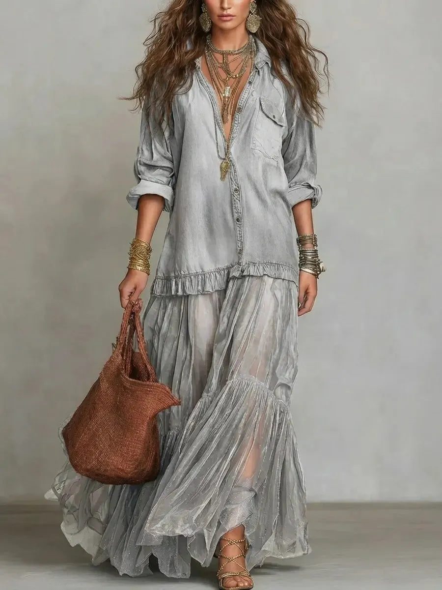 Vestido Casual con vaquero, cuello camisero, transparente y bolsillos - Verde
