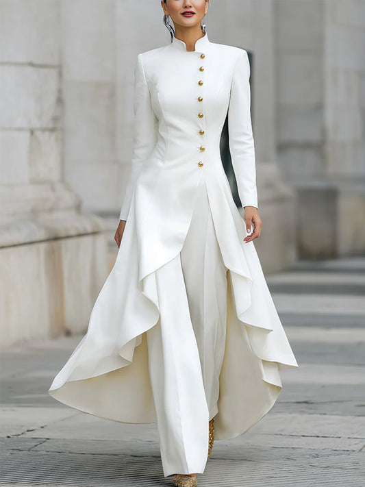 Conjunto Elegante Blanco con cuello mao y pierna ancha - Blanco