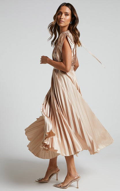 Vestido Midi Elegante con satén, plisado, escote en V y caída fluida - Morado