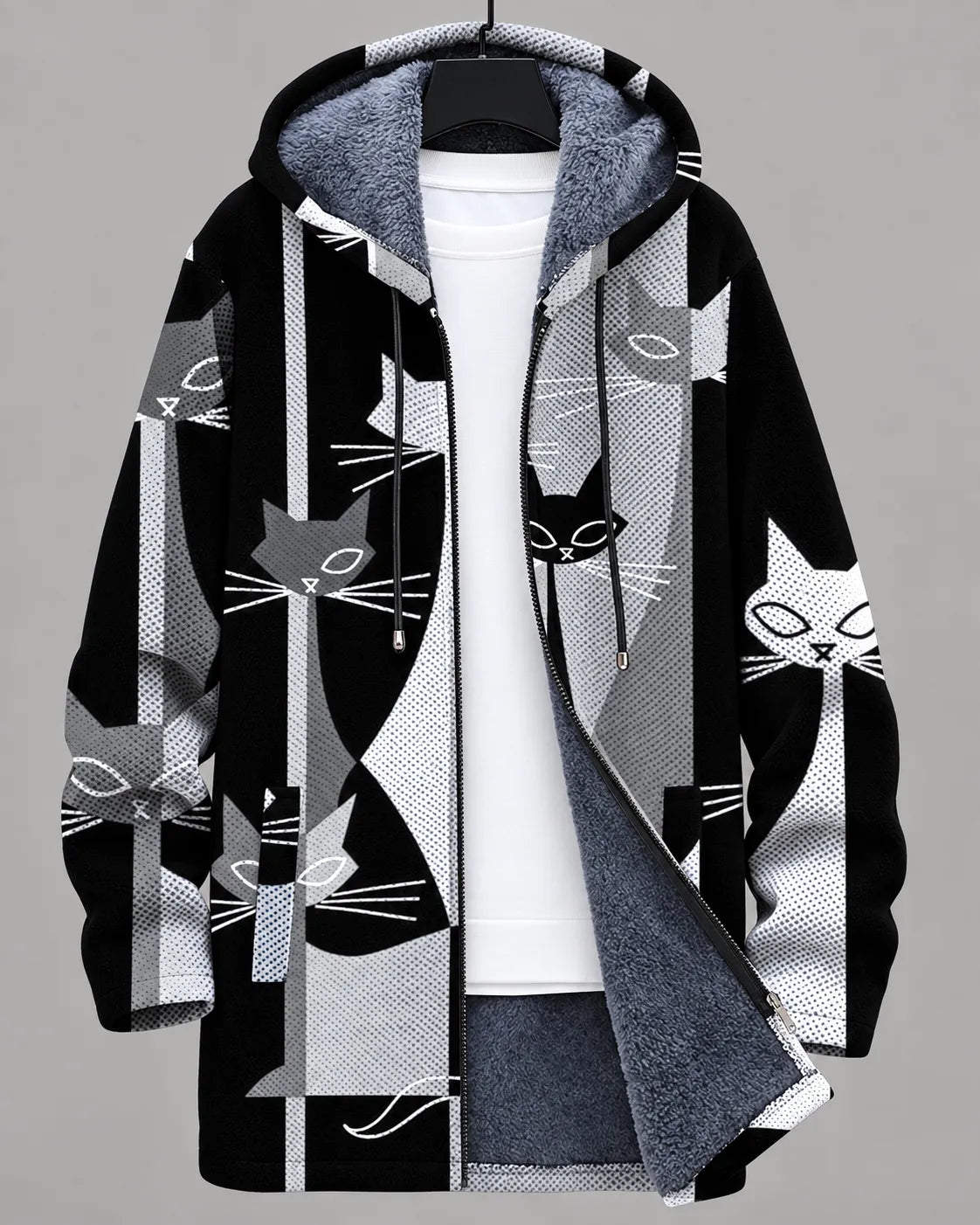 Celeste Modern Cats Hooded Jacket - Monochrome Cats