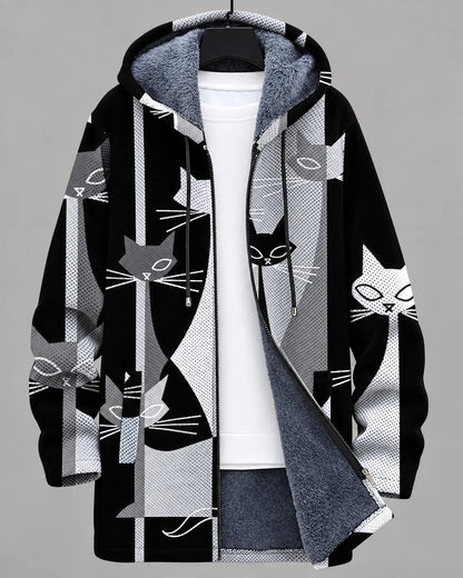 Elara Artistic Eye-Print Hooded Jacket - Monochrome Cats