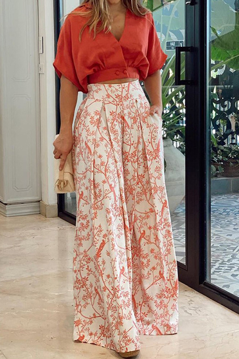 Conjunto de Dos Piezas con escote en V y pierna ancha - Naranja