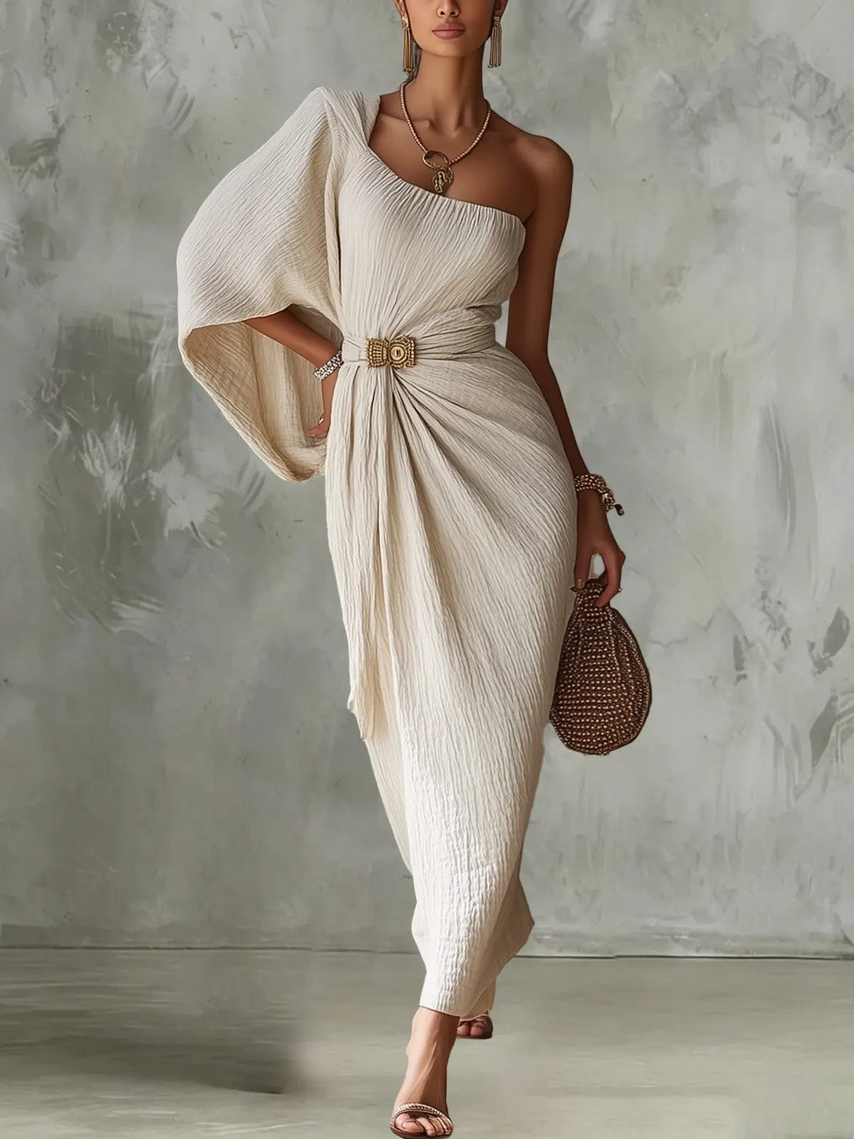 Vestido Largo Beige con corte asimétrico, un solo hombro, plisado y drapeado - Beige