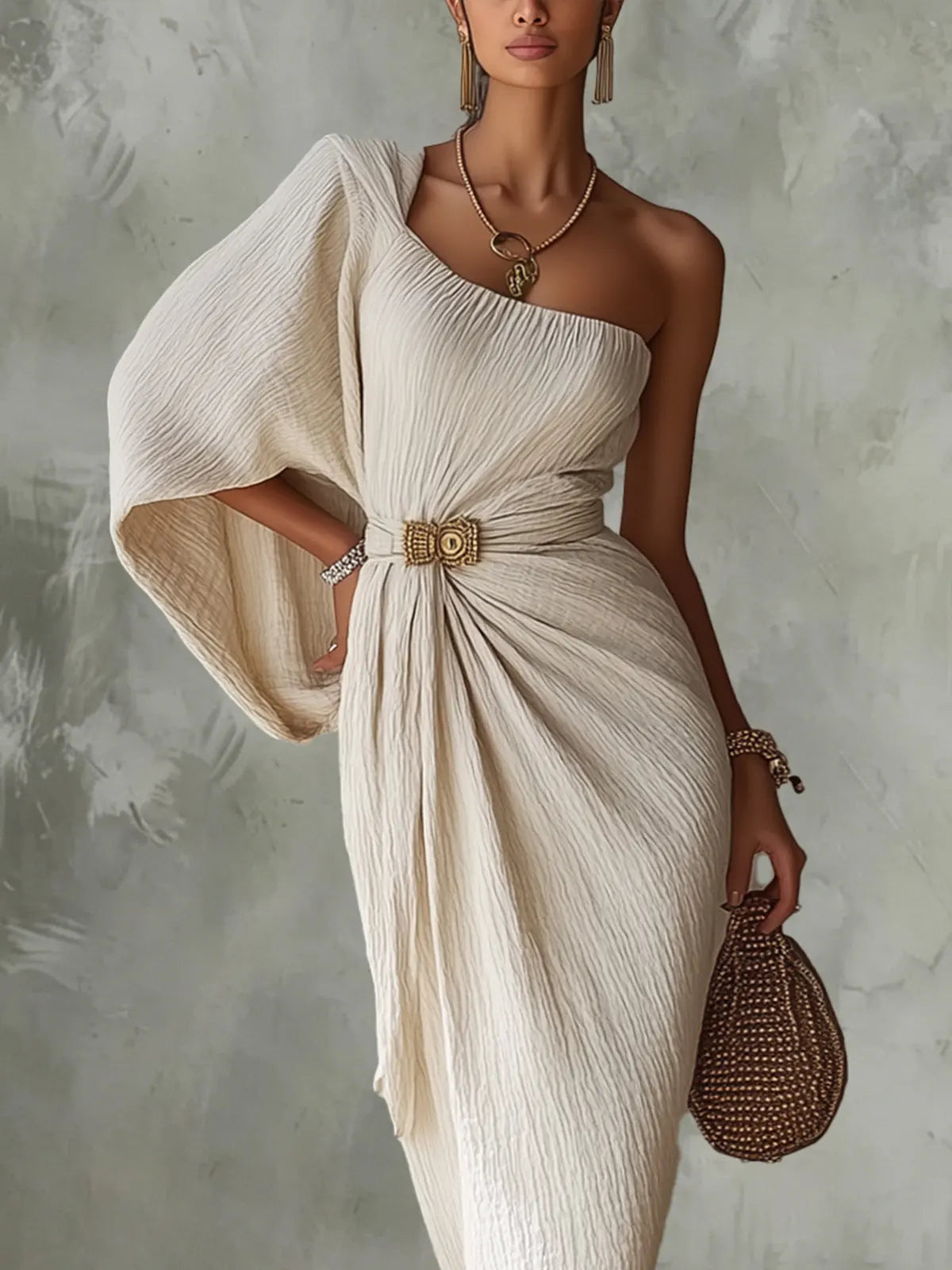 Vestido Largo Beige con corte asimétrico, un solo hombro, plisado y drapeado - Beige