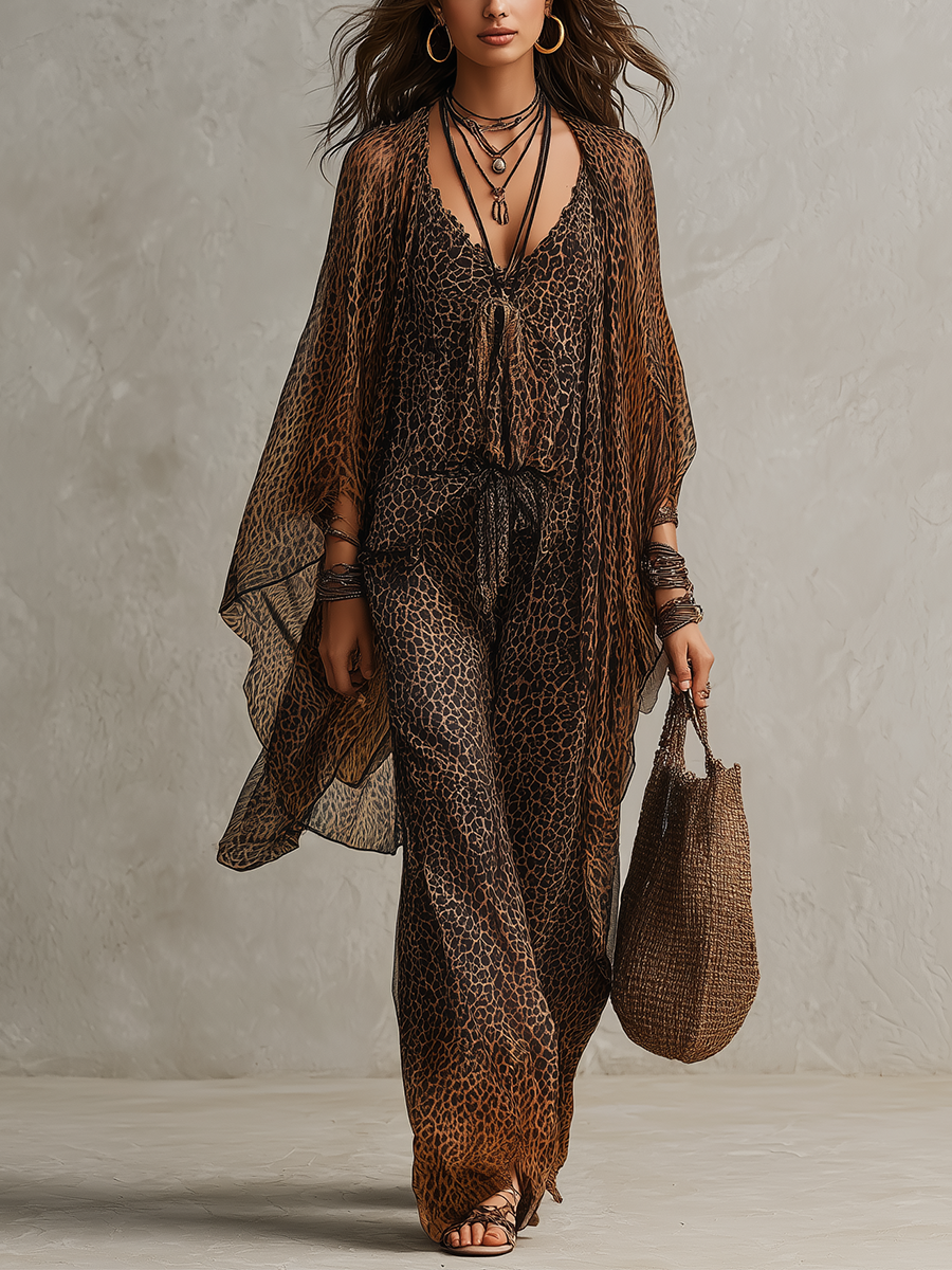 Conjunto de Tres Piezas Boho Marrón con estampado de leopardo, caída fluida y estampado - Marrón