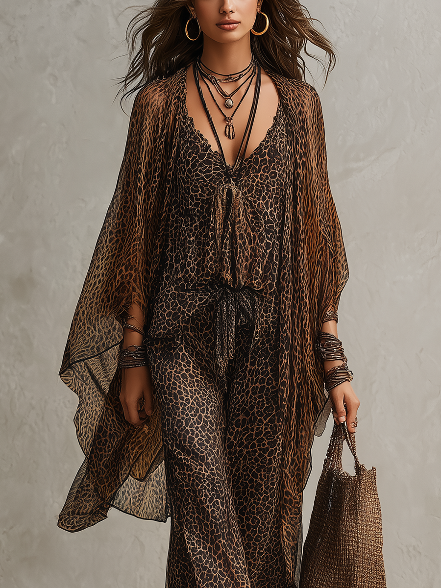 Conjunto de Tres Piezas Boho Marrón con estampado de leopardo, caída fluida y estampado - Marrón