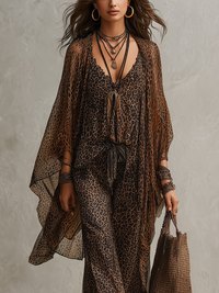 Conjunto de Tres Piezas Boho Marrón con estampado de leopardo, caída fluida y estampado - Marrón