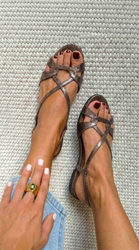 Πέδιλα Slingback με Χαμηλό Τακούνι, Εφέ Δέρματος Φιδιού και Ανοιχτή Μύτη