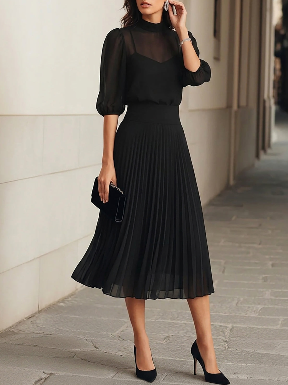 Conjunto Negro con gasa y plisado - Negro