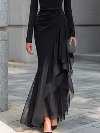 Vestido Largo Negro Manga Larga con drapeado, hombros descubiertos, escote drapeado y gasa - Negro
