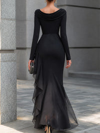 Vestido Largo Negro Manga Larga con drapeado, hombros descubiertos, escote drapeado y gasa - Negro