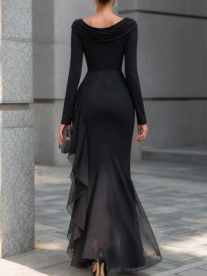 Vestido Largo Negro Manga Larga con drapeado, hombros descubiertos, escote drapeado y gasa - Negro