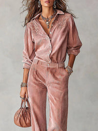 Conjunto de Dos Piezas Rosa Tiro Alto con pana, encaje, bordado y pierna ancha - Rosa