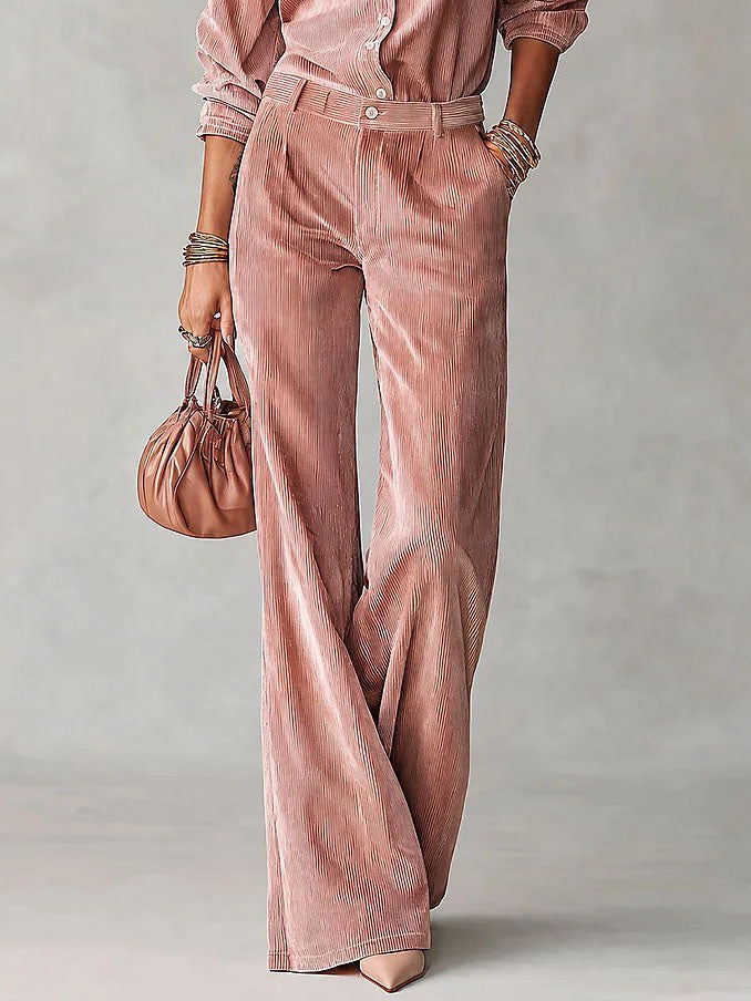 Conjunto de Dos Piezas Rosa Tiro Alto con pana, encaje, bordado y pierna ancha - Rosa