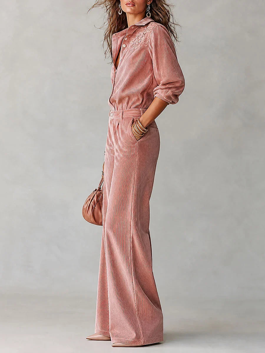 Conjunto de Dos Piezas Rosa Tiro Alto con pana, encaje, bordado y pierna ancha - Rosa