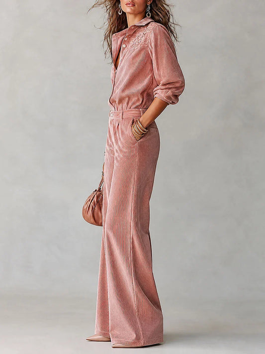 Conjunto de Dos Piezas Rosa Tiro Alto con pana, encaje, bordado y pierna ancha - Rosa