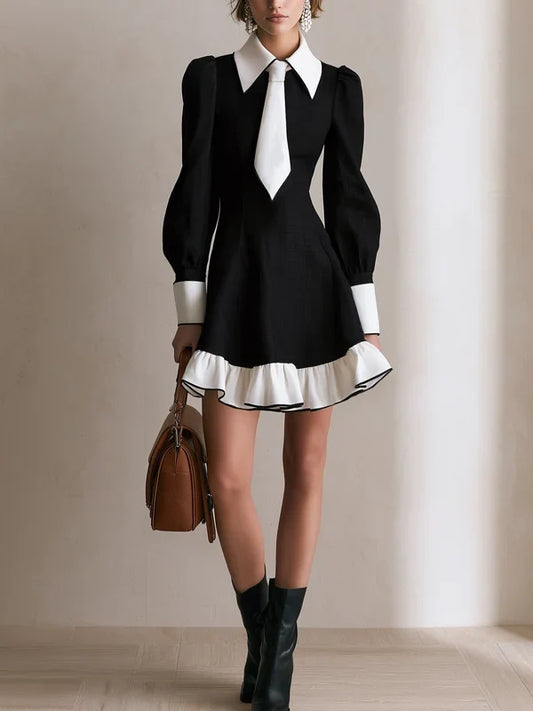 Minivestido Negro con contraste, manga farol, volante y corte en A - Negro