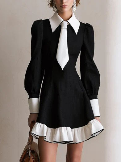 Minivestido Negro con contraste, manga farol, volante y corte en A - Negro