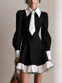 Minivestido Negro con contraste, manga farol, volante y corte en A - Negro