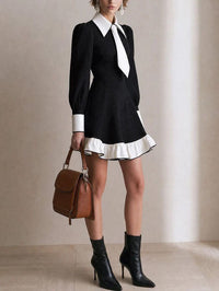 Minivestido Negro con contraste, manga farol, volante y corte en A - Negro