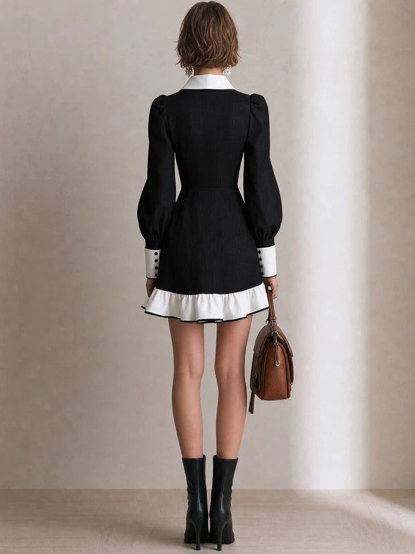 Minivestido Negro con contraste, manga farol, volante y corte en A - Negro