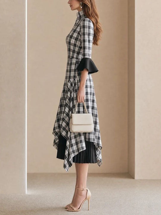 Vestido Midi Oficina Negro con cuadros, cuello mao, manga acampanada y bajo asimétrico - Negro