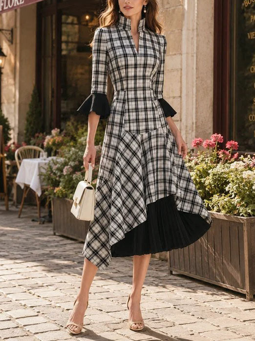 Vestido Midi Oficina Negro con cuadros, cuello mao, manga acampanada y bajo asimétrico - Negro