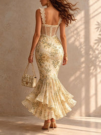 Vestido Estampado Romántico con corte sirena, remate de encaje y floral - Crema