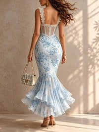 Vestido Estampado Romántico Azul con corte sirena, remate de encaje y floral - Azul