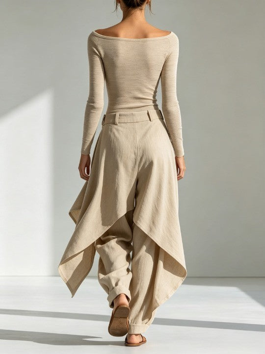 Conjunto Beige con escote barco, por capas y pierna ancha - Beige