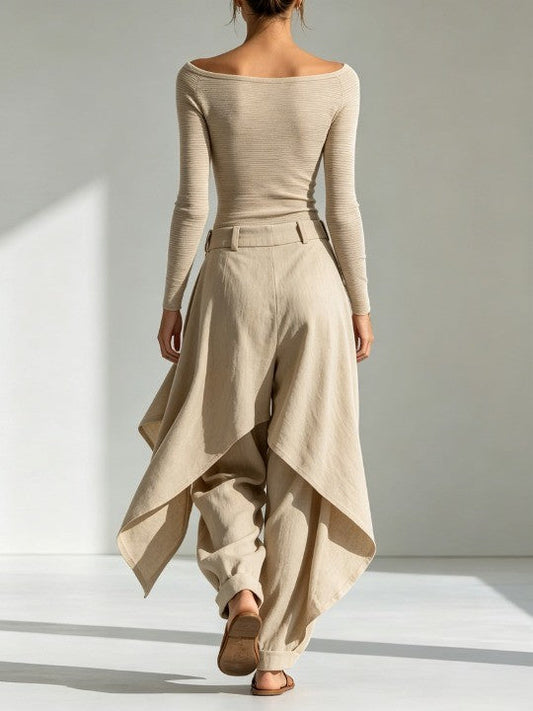 Conjunto Beige con escote barco, por capas y pierna ancha - Beige