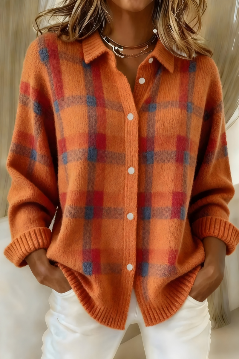 CAMILLE - Chaqueta de Punto de Cuadros - Naranja